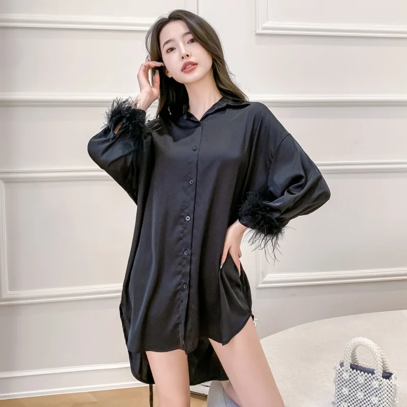 

lace Up Satin Sexy Woman Nightie Feather Long Sleeve Nightgown Women Nightdress Oversize Boyfriend Style Nightshirt For Female
