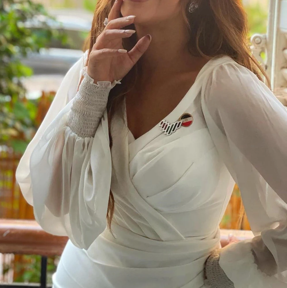 Chiffon Long Sleeves Pleats Ruched Sweep Train V-Neck Flare sleeves Floor Length A-Line Evening Dress Exquisite and Temperament