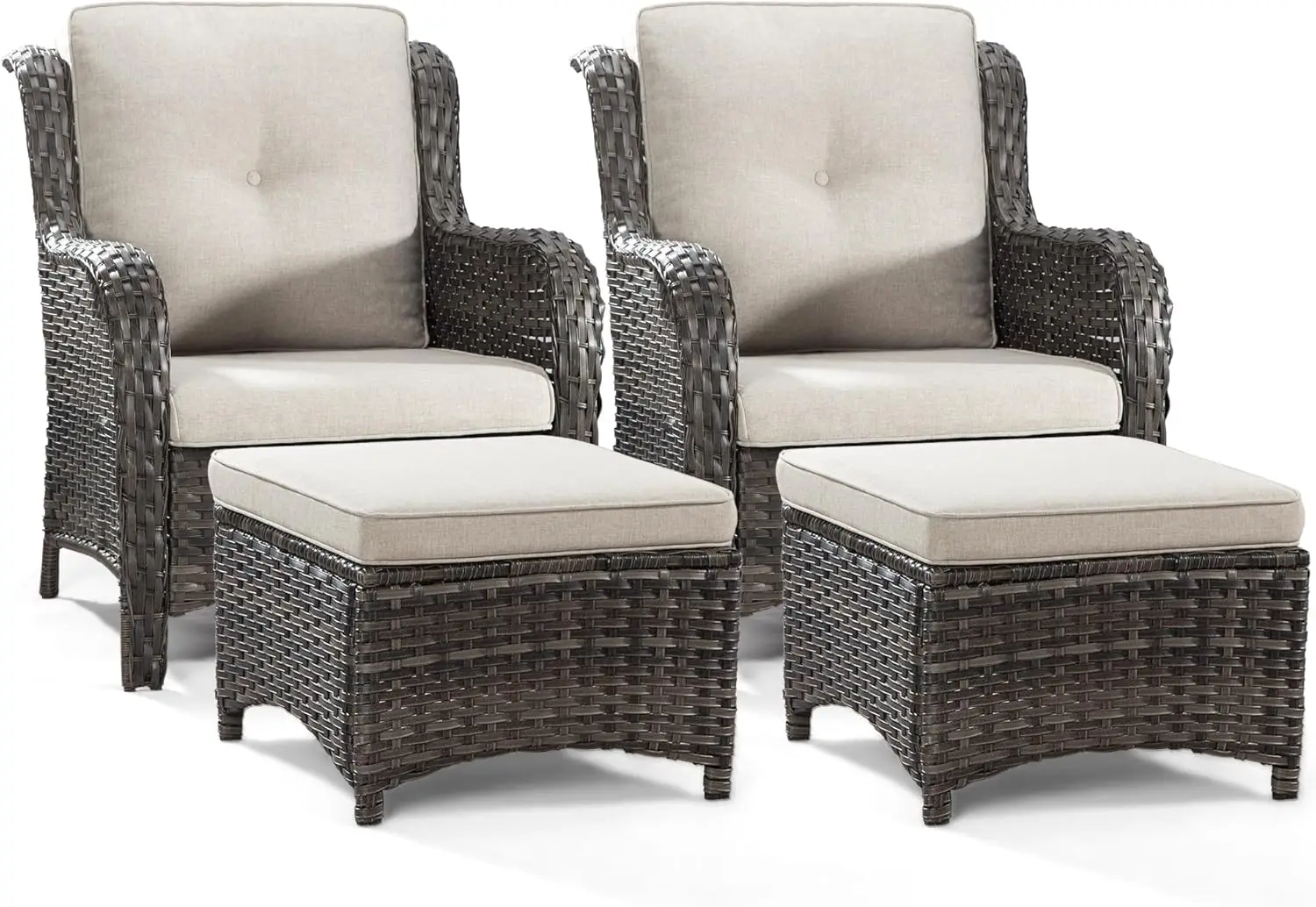 

4PCS Patio Conversation Set, Wicker Chairs & Ottomans w/3.5-in Seat Cushions, High Back & Curved Armrest for Backyard, Beige