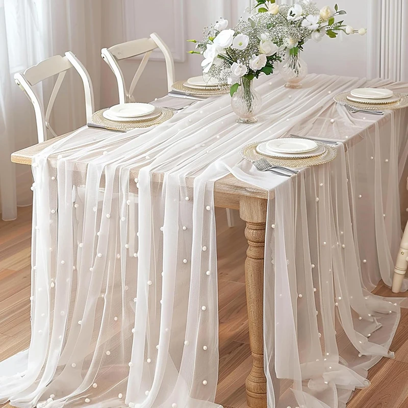 White Pearl Table Runner Tulle Fabric Beaded Mesh Sheer Tablecloths for Bridal Shower Birthday Party Weddings Arch Dessert Decor