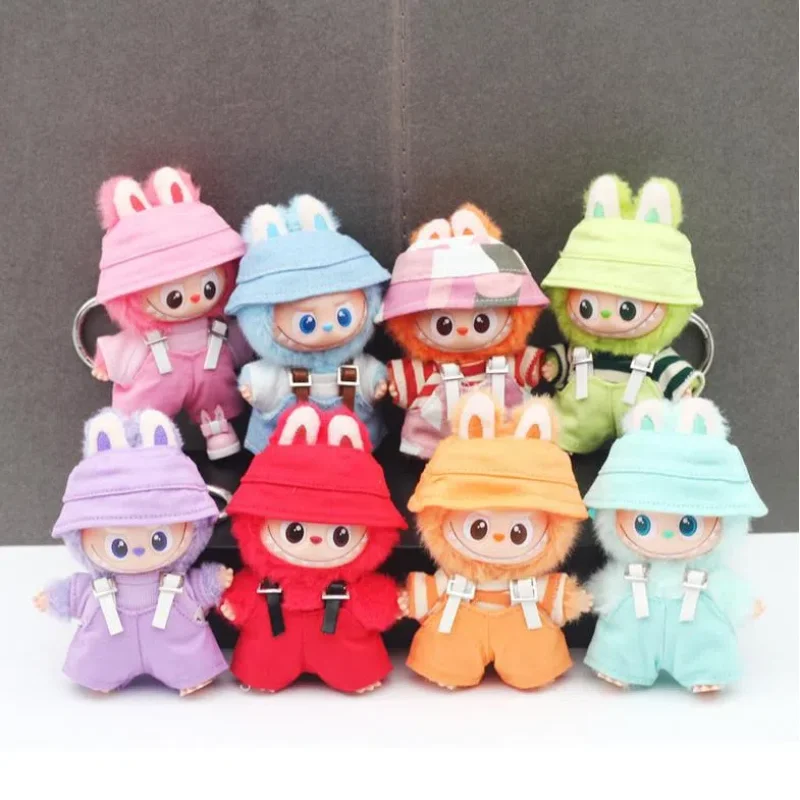 Para 10.5cm labubu 4.0 mini boneca brincalhão suspensórios calças com balde chapéu colorido conjunto de roupas boneca acessórios presente de natal