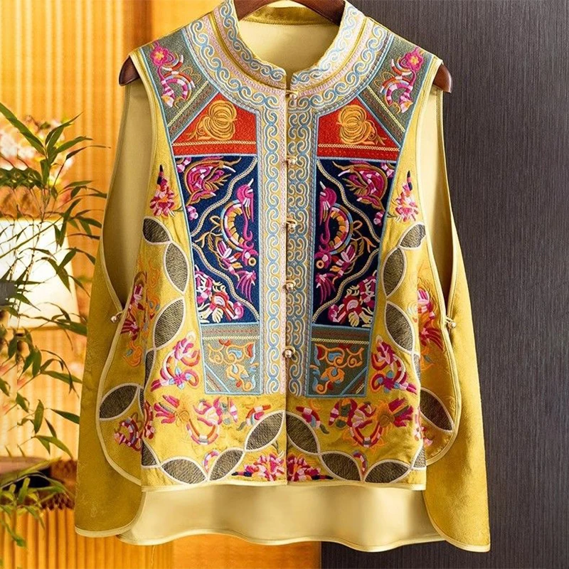 

Vintage Ethnic Style Satin Silk Embroidery Vest High-end Waistcoats Women New Chinese Style Jacquard Sleeveless Jackets Tops