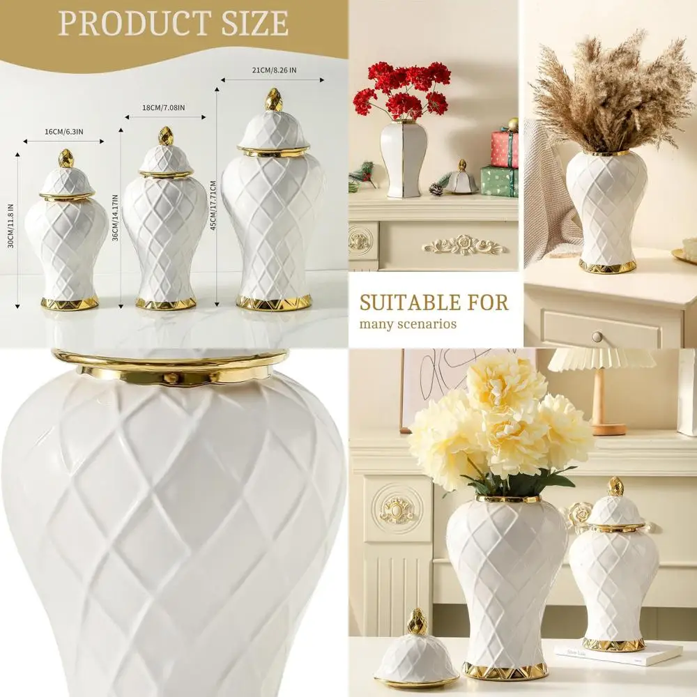 

Decorative White and Gold Ceramic Ginger Jar with Lid, 12 Porcelain Vase for Centerpieces and Table Decor