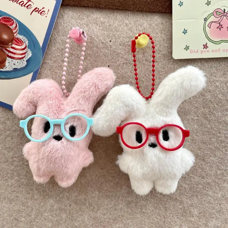 New Cute Cartoon Plush Rabbit Red Glasses Key Chains Bag Pendant Decoration Keyring Student Backpack Hanging Couple Gifts