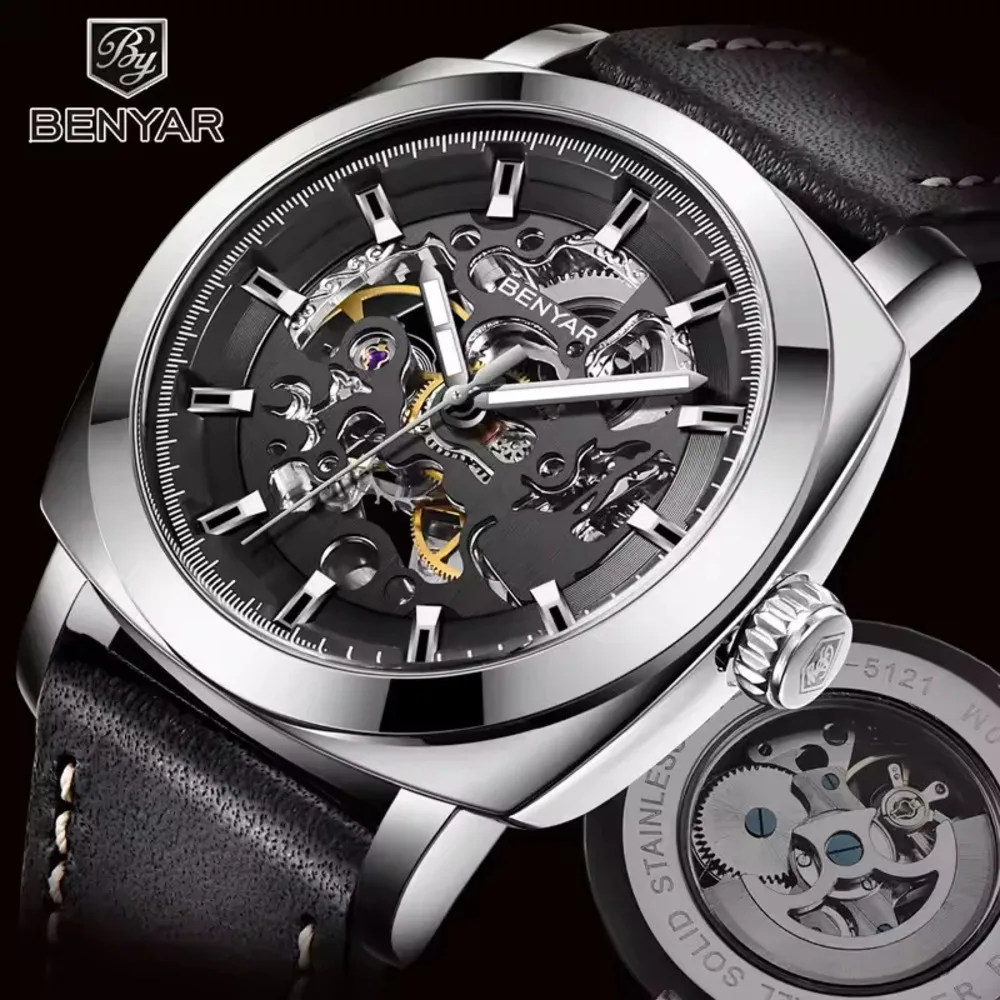 

BENYAR 5121 Men's Hollow Out Mechanical Watches Fully Automatic Waterproof Fashionable Top Mechanical Watch for Men Strap Box