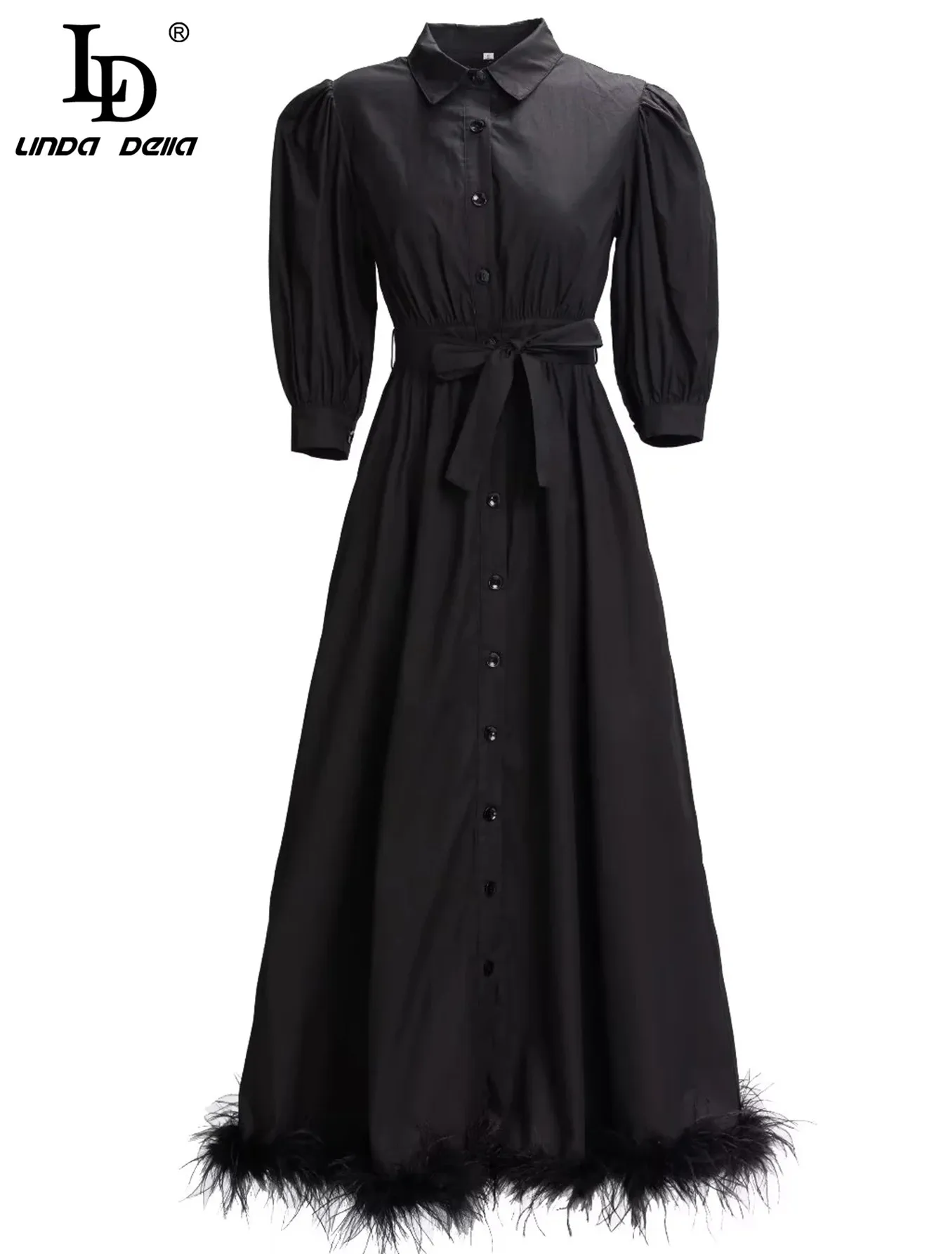 

LD LINDA DELLA Fashion Designer Summer Dress Women's Turn-down Collar Single-breasted Belted Casual Black Midi Dress