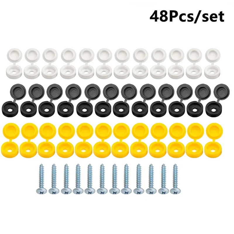 48Pcs Car Hinged Cover Cap License Number Plate Fitting Fixing Self Tapping Screw White Black Yellow License Plate Rivet