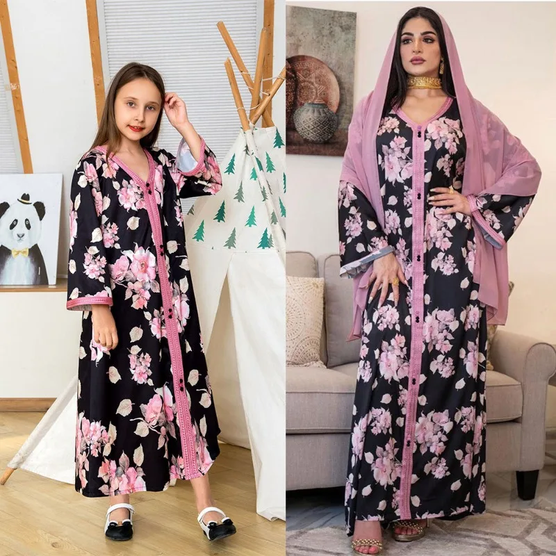 

Middle East Clothing Jalabiya Parent-Child Suit Dress round Neck Robe dubai abaya kaftan long dresses