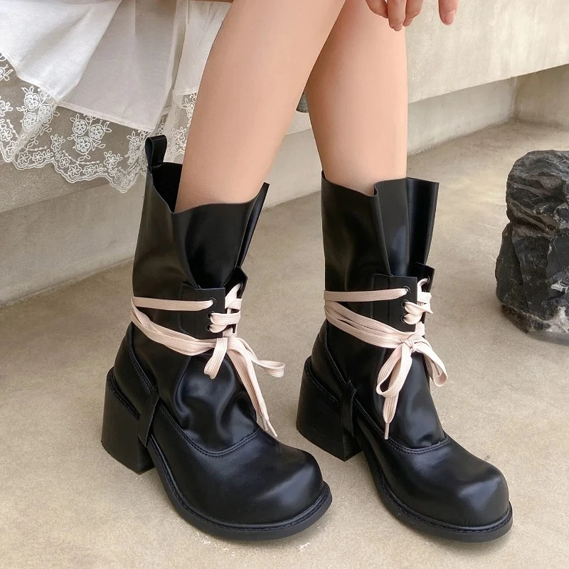 

Осенне-зимние женские ботинки до середины икры с перекрестным ремешком, модная обувь без шнуровки на квадратном каблуке, женские современные брючные ботильоны