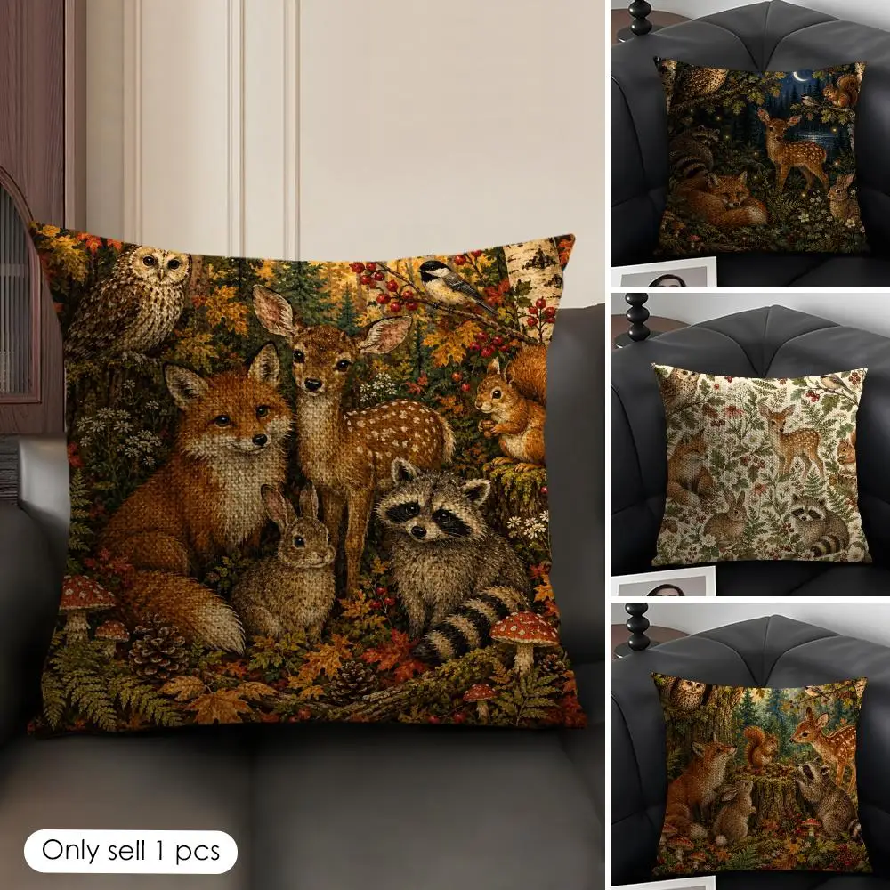 Woodland Animals Fox Deer Raccoon Owl Cushion Cover Skin-Friendly Linen Pillow Cover Durable Hypoallergenic Washable Soft