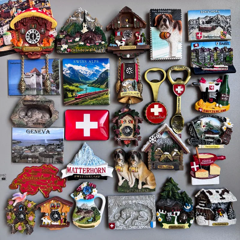Switzerland Fridge magnets Grindelwaldtown Schilthorn Luzern Saint Bernard Bernina Cheese Hot Pot Gugu Clock FONDUE Basel Geneva