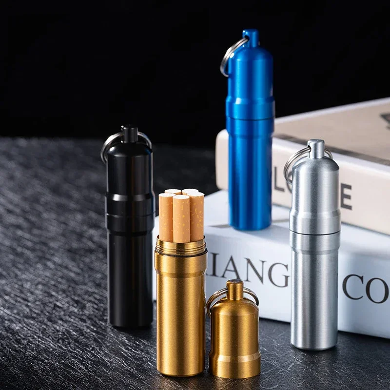 Mini Sealed Cigarette Case, Alloy Cigarette Tobacco Storage Box for 5 Sticks, Waterproof Box Keychain, Smoking Accessories