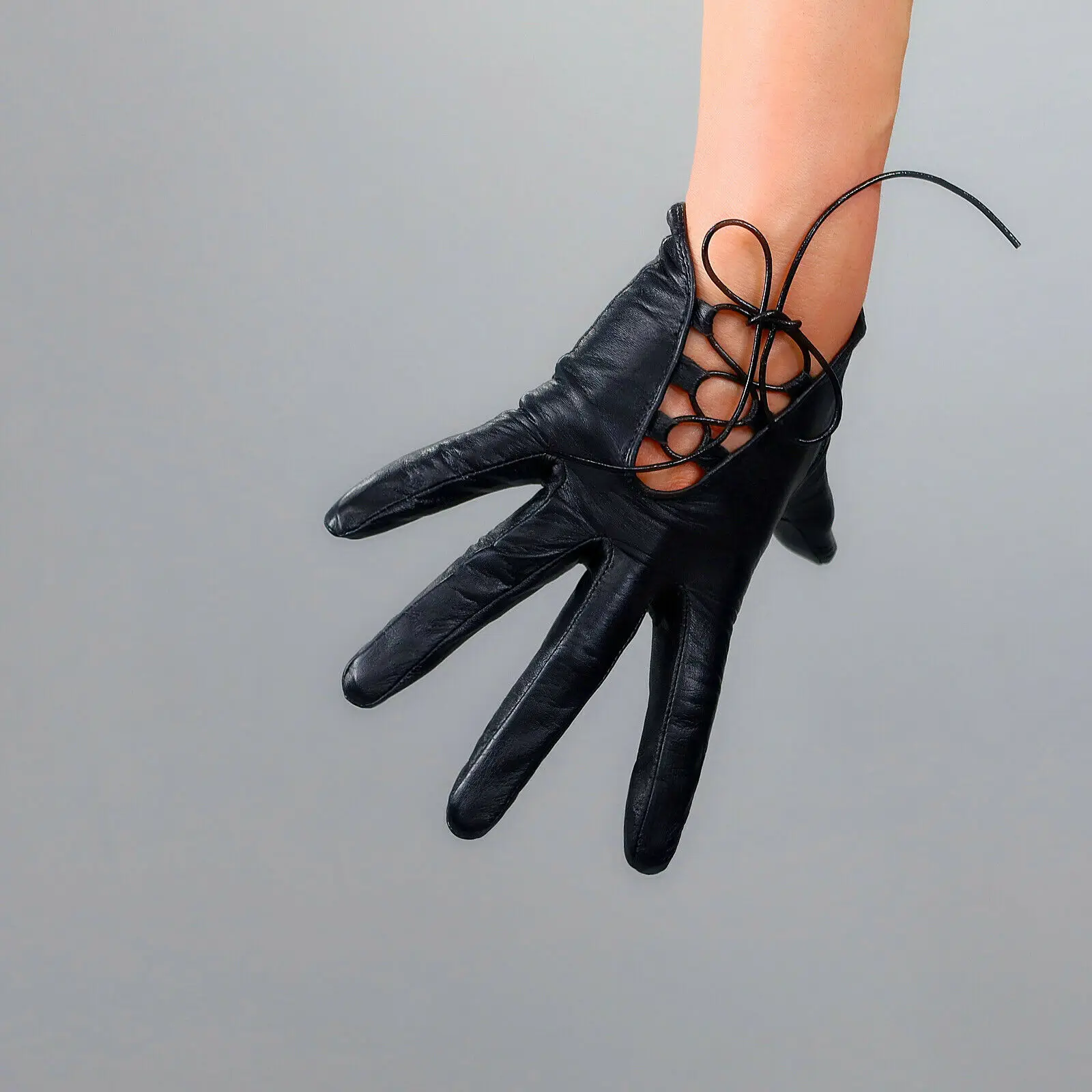 Black Real Leather Lace Up Short GLOVES Side Tie Bandage TECH Touchscreen Fashion Stage Evening Cosplay Halloween Costume