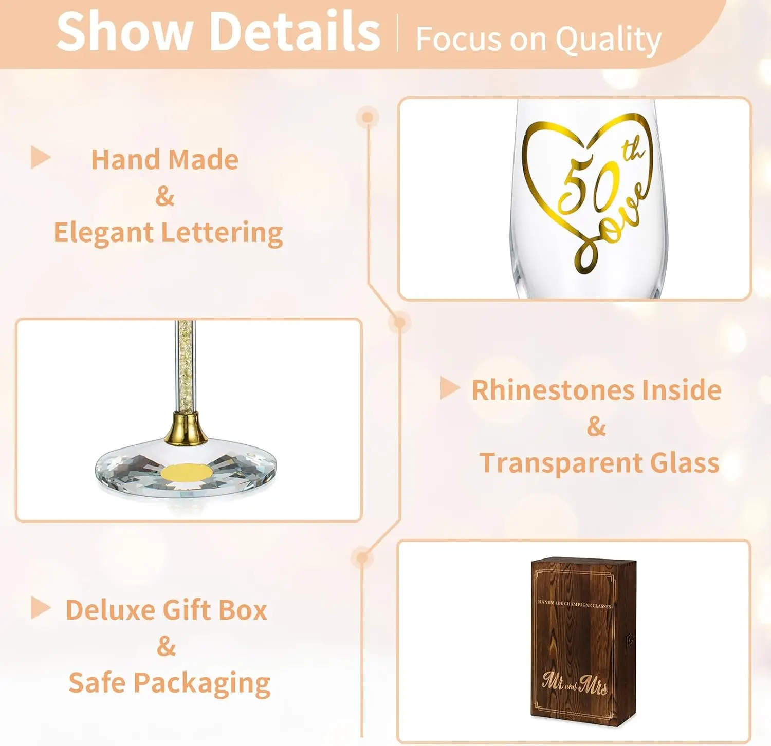 مزامير الشمبانيا للذكرى الخمسين، مجموعة من 2 كؤوس تحميص كريستالية ذهبية مع صندوق خشبي، كؤوس نبيذ منقوشة لحفلات الزفاف، ثنائية