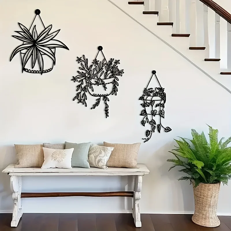 [2D Flach] 3-tlg. Black Metal Hanging Plant Wall Art, Minimalist Plant Silhouette Decor, Weatherproof Indoor/Outdoor Ornament