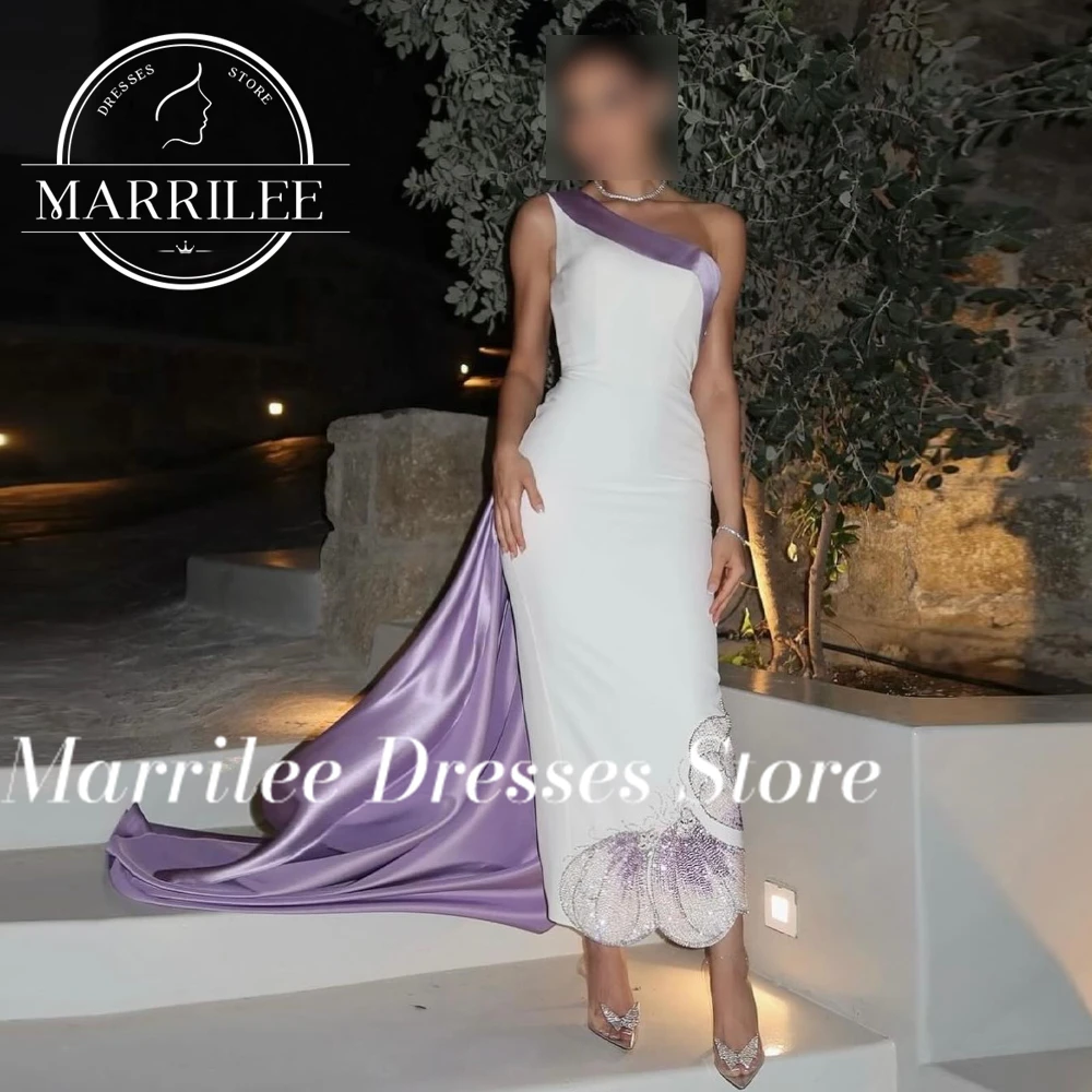 Marrilee One Shoulder Sleeveless Crystal Sequined Backless Straight Pleats Elegant Luxury Evening Dress Detachable Sleeve