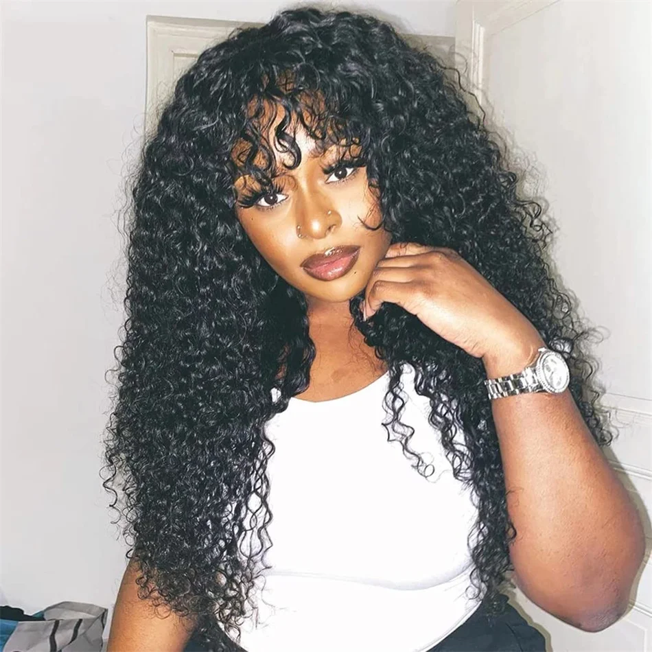 Cheap Deep Curly Brazilian Human Hair Wig with Bangs Machine Made Wigs for Women Human Hair Water Wave Wigs On Sale Promotion