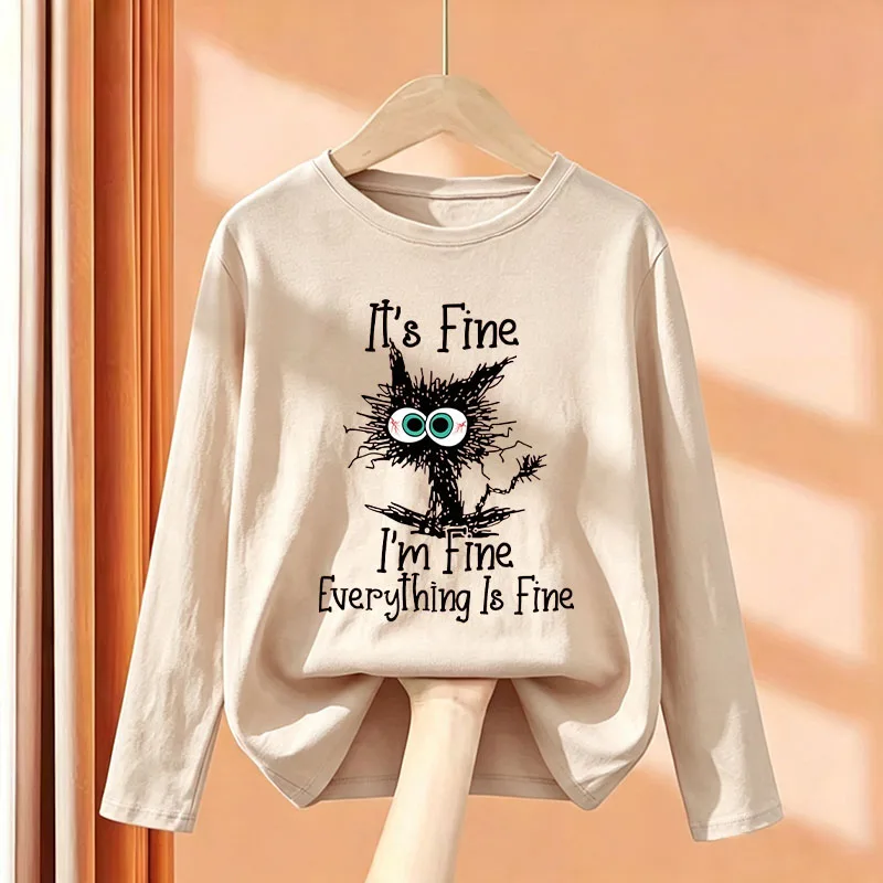 Funny T Shirts Kids Children's T-shirt Long Sleeve Kawaii Black Cat Graphic Boys Girls Casual Top Tee Shirt Autumn Winter