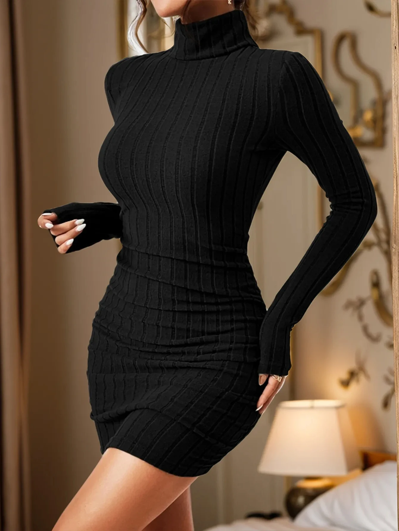 Damen Rollkragen-Rippstrick-Bodycon-Minikleid – Detail 4