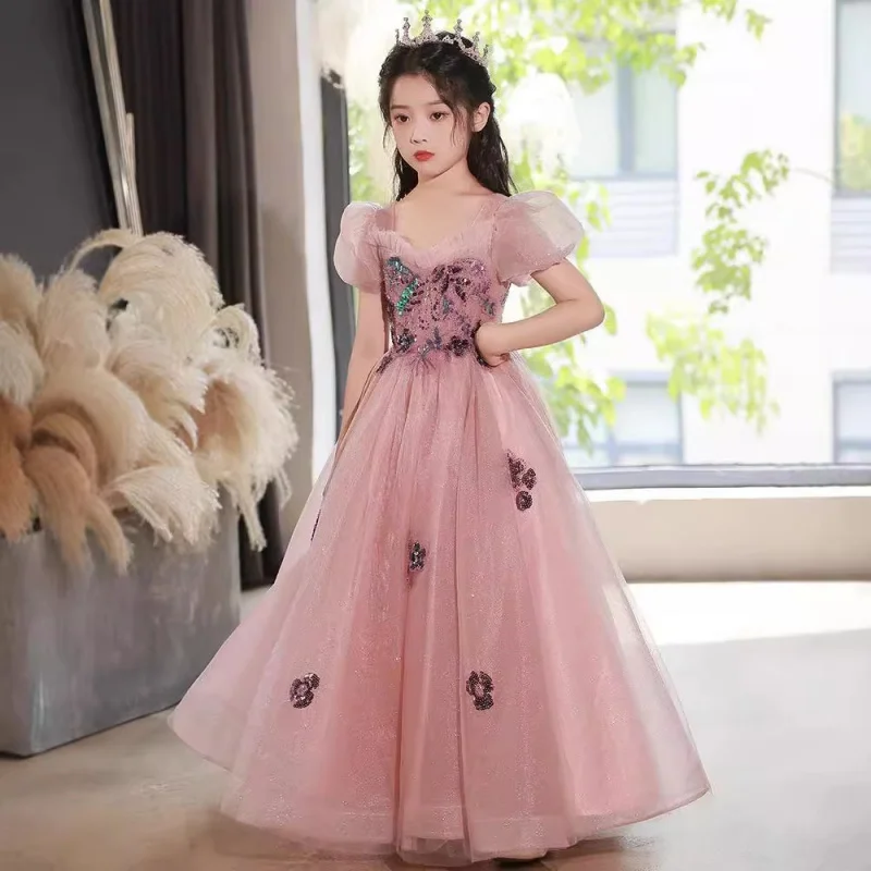 

Children's Spring High-end Princess Pink Flower Wedding Little Girl Host Piano Performance Dress