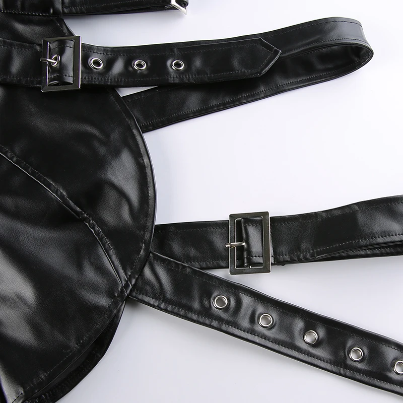 PU Leather Women Punk Style Crop Tops Cool Single Long Sleeve Neck Hanger Leather Belt Connected Tops Women Clothing