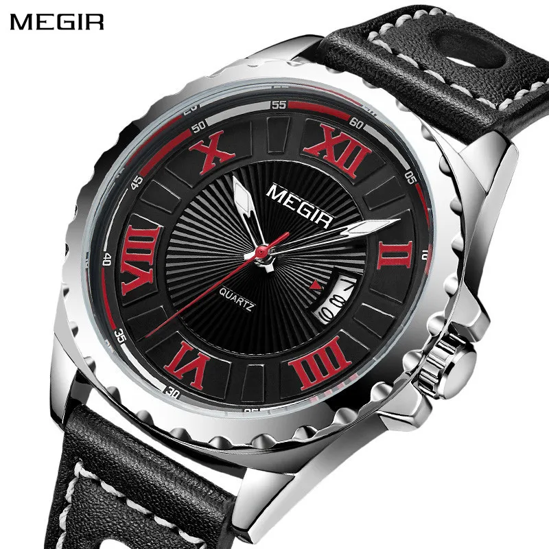 MEGIR Sport Men Watch Top Brand Leather Quartz Watches Man Clock Time Fashion Military Wristwatches Calendar Reloj Hombre 1019