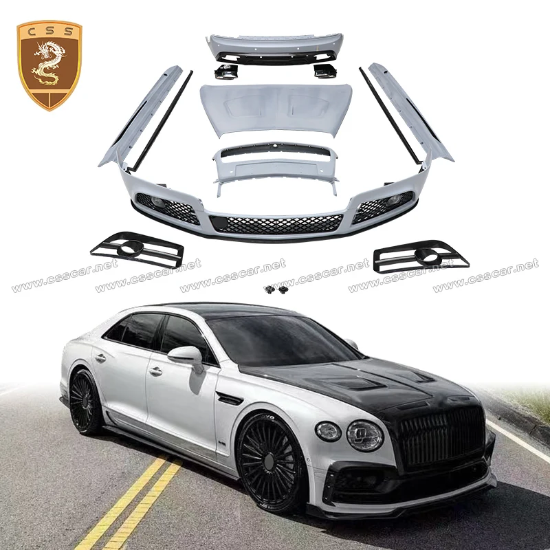 For Bentley Flying Spur 2017-2019 Half Carbon Fiber Car Front Bumper Lip Guard With Center Mesh Grill Left Right Side Skirts