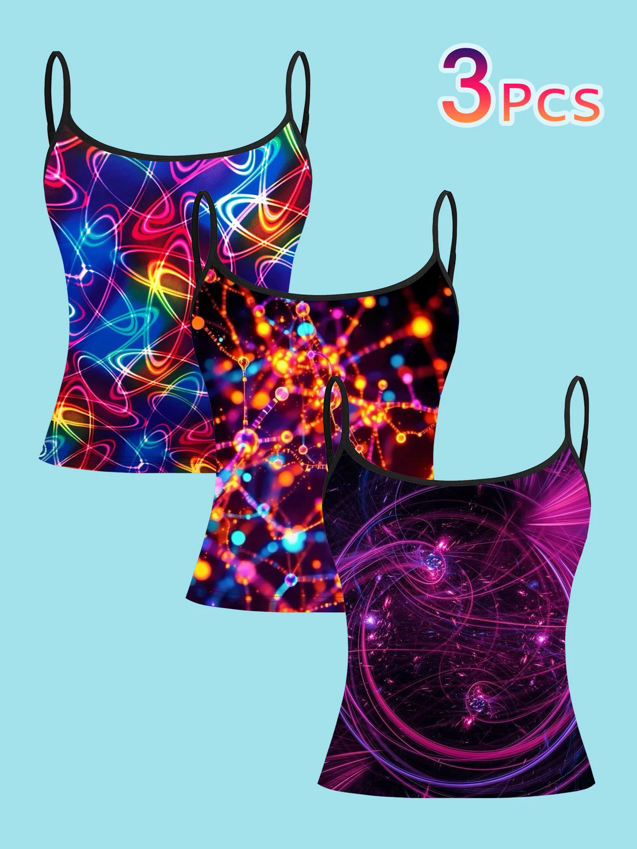 3-Pack of Women's Neon Colorful Printed Camisoles, Cyber-Style Abstract Light-Sensitive Slim-Fit Spaghetti Strap Sleeveless Tops