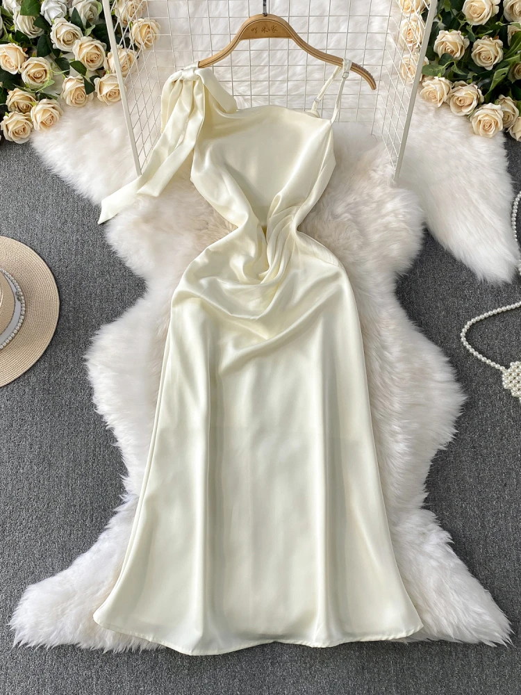 Ele Satin Wrap Dr with  Knot High Waist Slimming Long Skirt for Women Mid-Length A-Line Gown Korean Sle