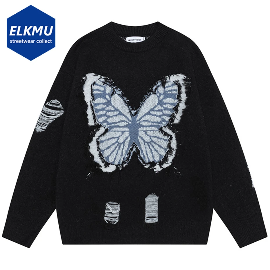 

Broken Buttefly Sweaters 2024 Streetwear Harajuku Oversized Hip Hop Sweater Knitted Pullover Sweater Jumper