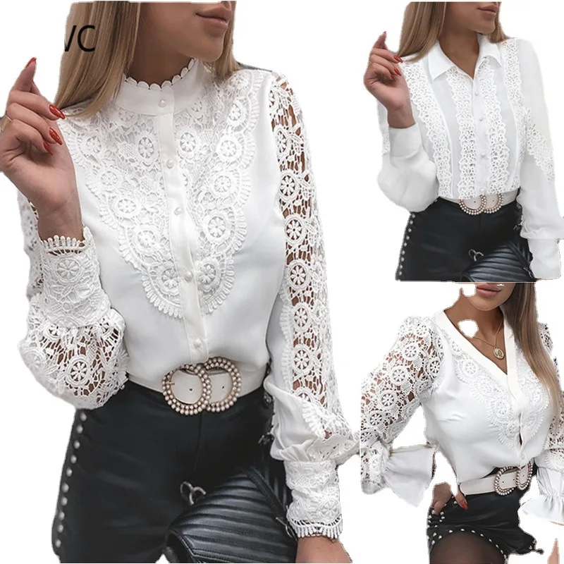 

Spring and Summer Fashion Lace Long Sleeve V-Neck Button-Up Blouse Women's Shirt