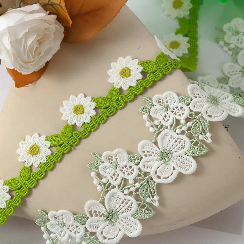 White and Green Flower Lace Applique Embroidered Cotton Lace Trim for DIY Dresses and Wedding Supplies Home Decoration 1Yard