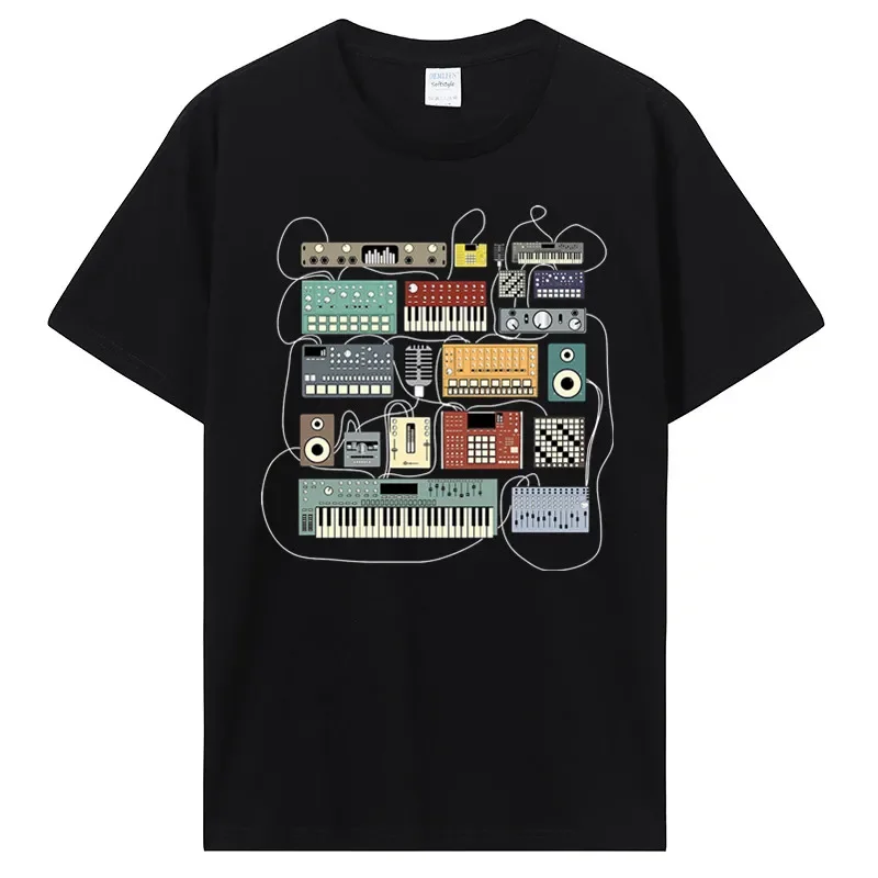 Men's Printed T-Shirt - 100% Cotton - Electronic Music Synthesizer and Drum Machine Pattern - Fashion Casual Clothing T-Shirt