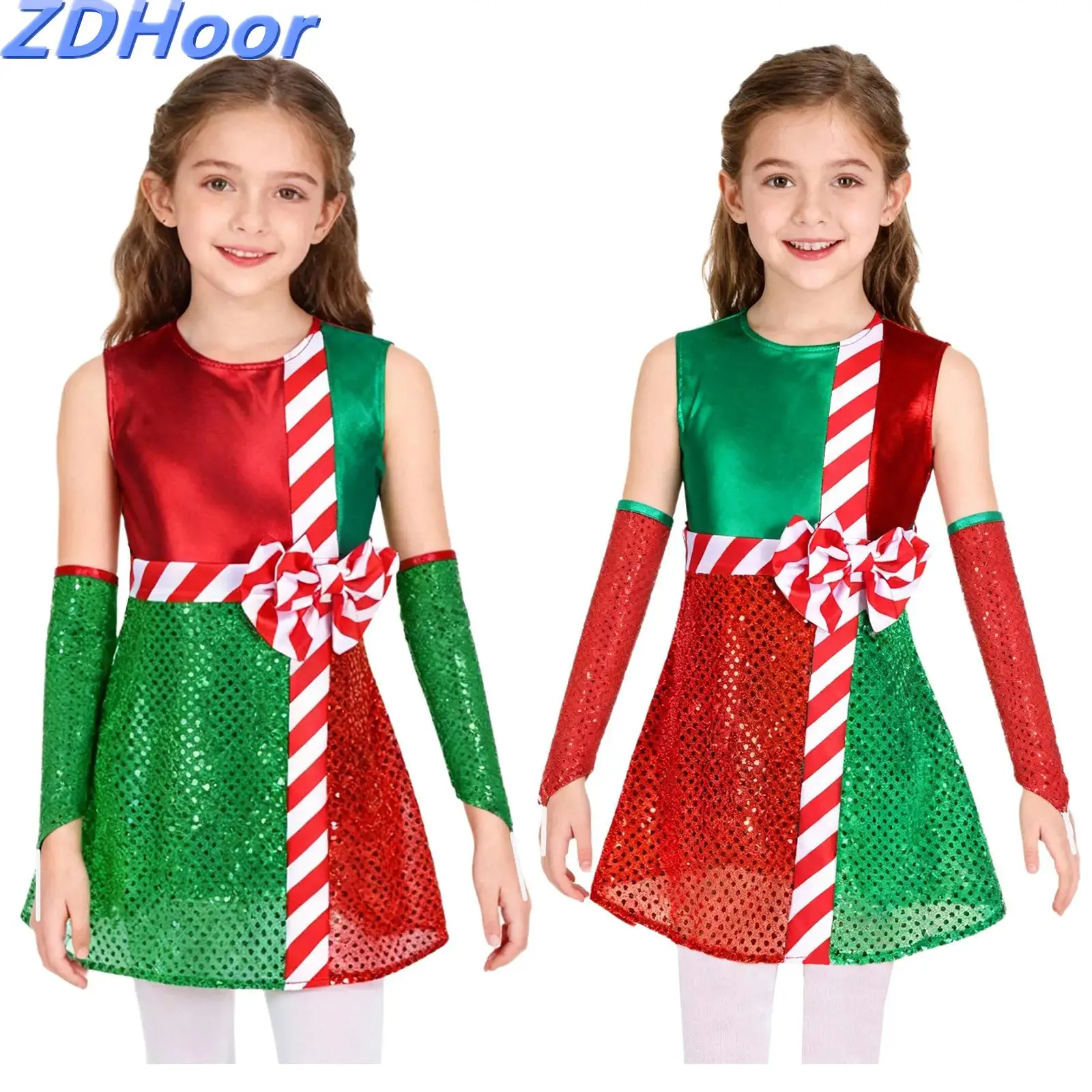 

Kids Girls Sleeveless Christmas Dress Back Cutout Shiny Layer Dress Stage Costumes with Sequins Elbow Length
