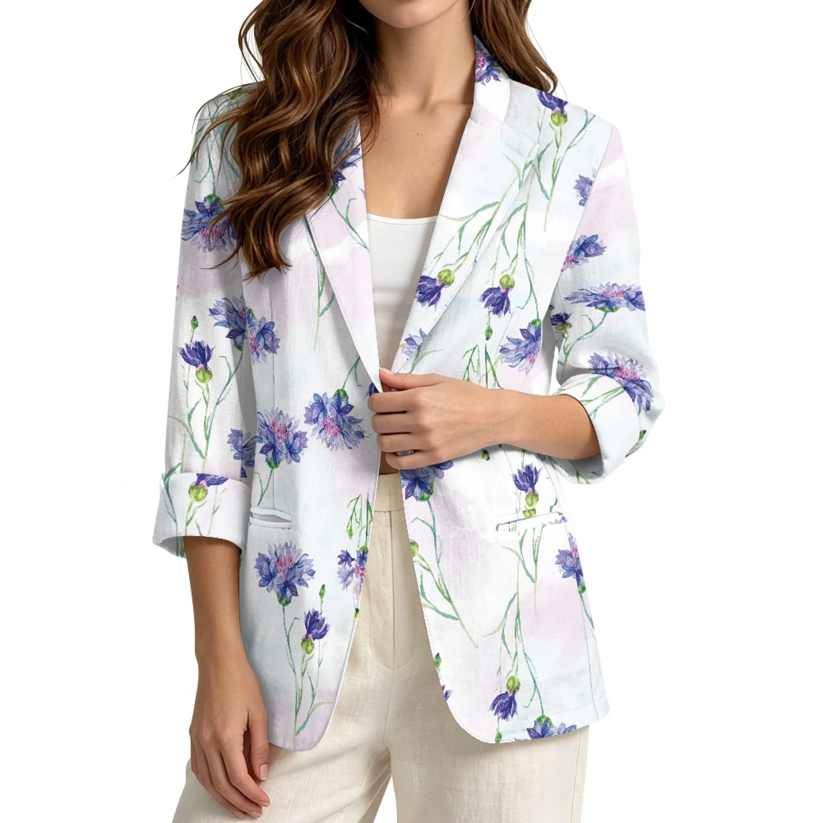 PENSTROLL Blue Cornflowers Linen Like Beach Cover Ups Open Front Cardigan for Womens Lightweight Light Cover Up