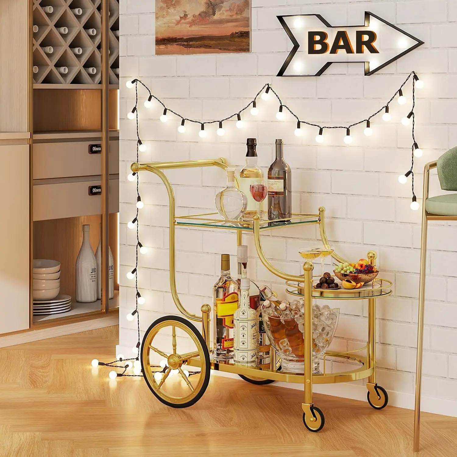 Bar Cart, 3-Tier Rolling Home Bar Serving Cart with Mirrored Shelves & 4 Wheels, Mobile Beverage & Wine Cart for Kitchen