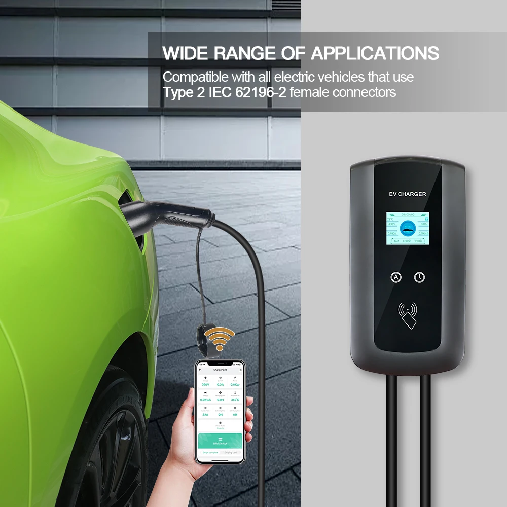 ERDAN APP Control EV Charger 32A 7KW Electric Vehicle Charging Station EVSE Wallbox 11KW 22KW 3Phase Type2 Cable IEC62196-2 Plug