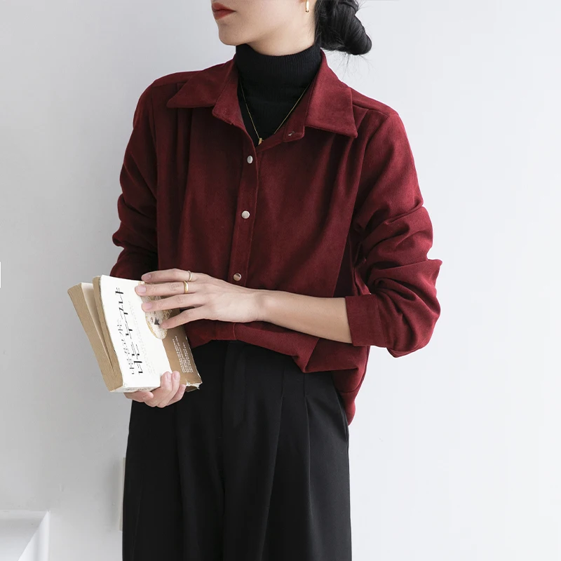 Vintage Red Shirt for Women Autumn Winter 2024 New Long Sleeve Turn Down Collar Blouse Office Ladies Casual Y2k Top