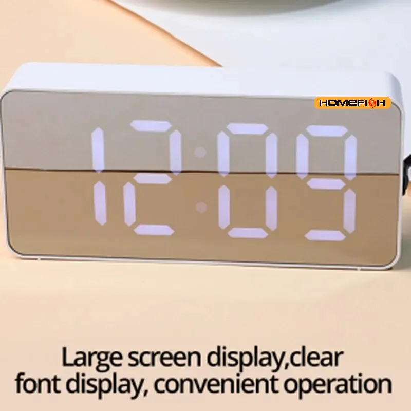 1Pc White LED Mirror Table Clock Snooze Display Time Night Light Desktop USB Alarm Clock Home Decor