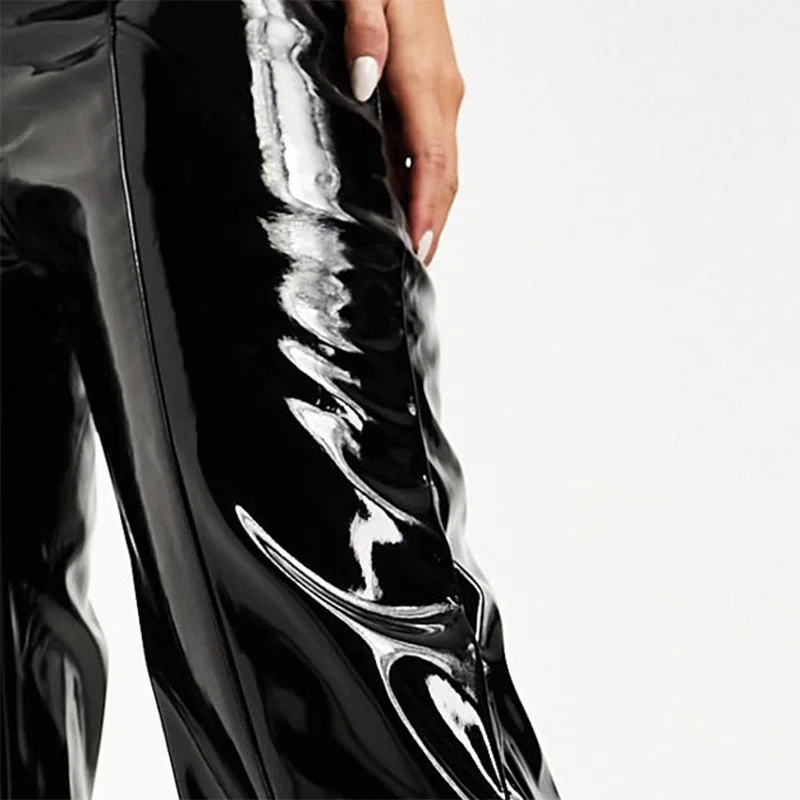 Women\'s Shiny Leather Wide Leg Pants Casual Higth Waist Black Stretch Loose Mirror Face Straight Leg Trousers Clubbing 2023