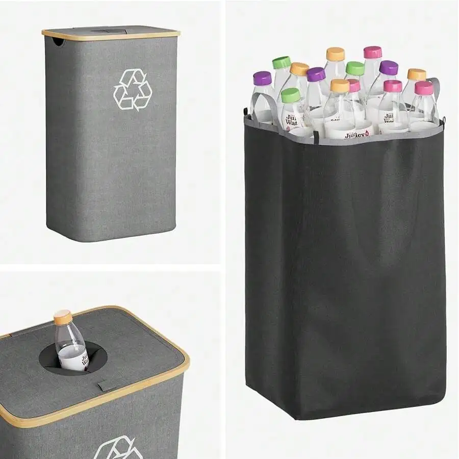 

Recycling Bin With Lid And Reusable Inner Bags For Kitchen Bottle Can Glass Plastic 100L Grey