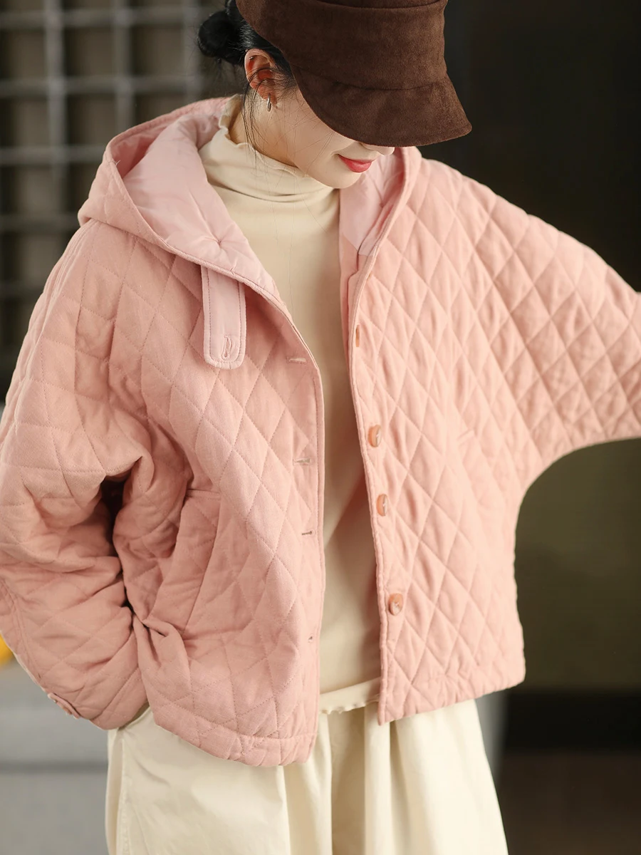 

Зимняя женская хлопковая куртка с капюшоном из тонкого хлопкового льняного материала, с художественным узором в виде ромбов, теплая, с эффектом многослойности