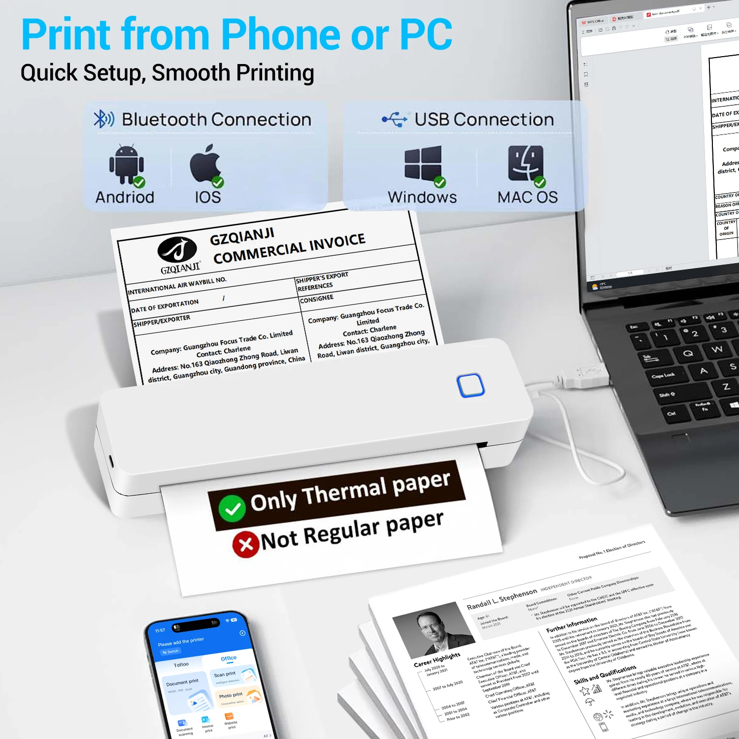Bluetooth Portable Thermal A4 Printer Business Travel Best Partner Office Home Use Inkless Print Anywhere Rechargeable