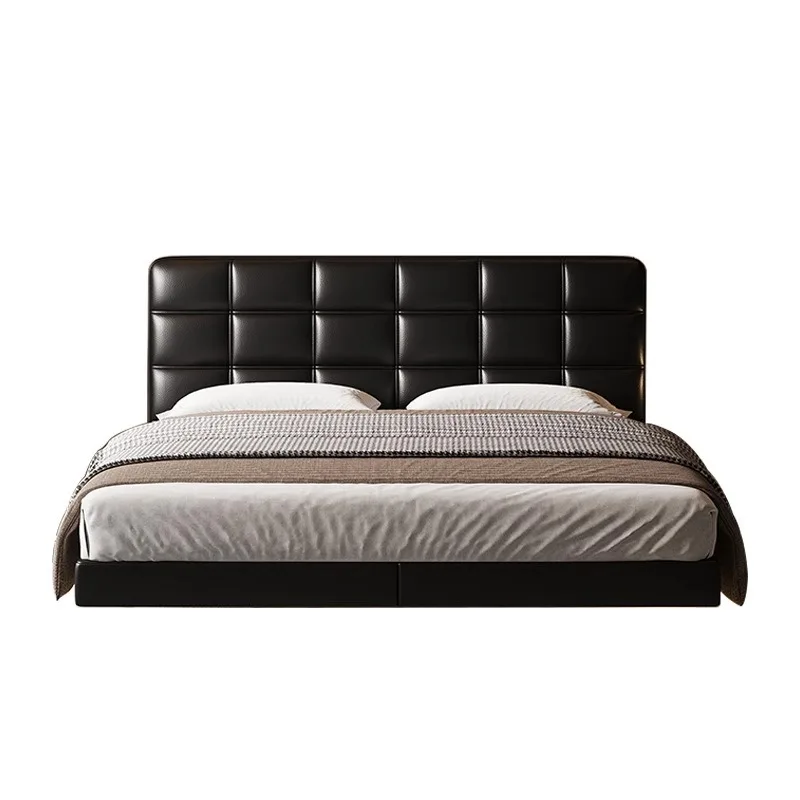 bed Italian minimalist first layer cowhide leather bed high PC and console game bedroom large bed black double bed wedding bed