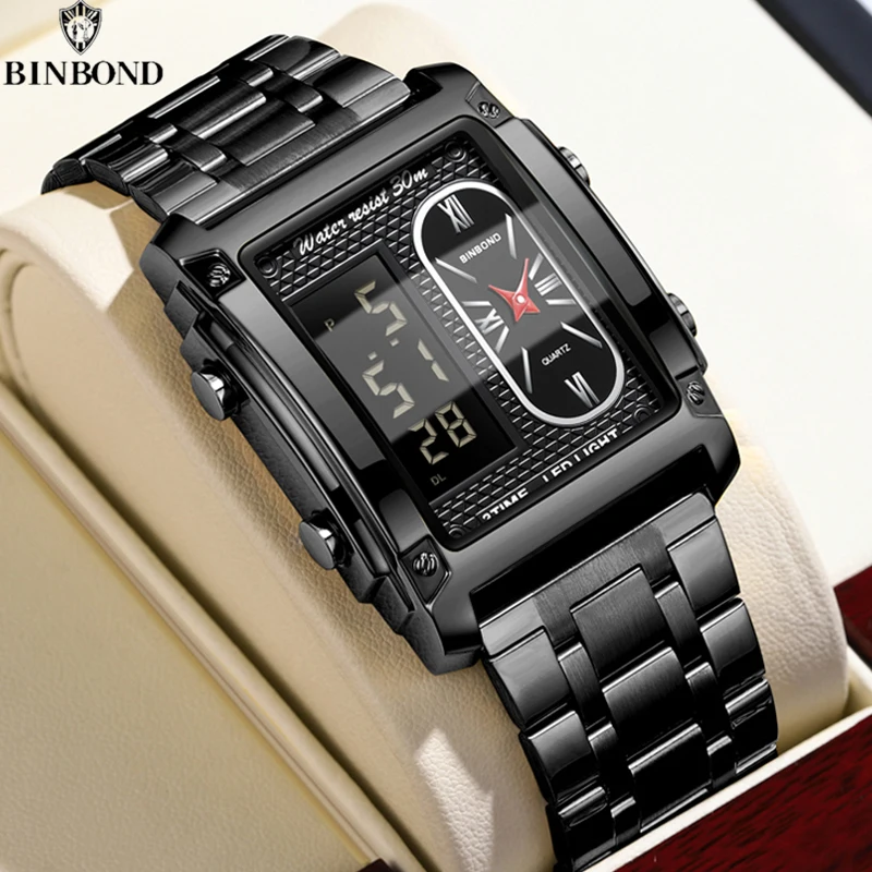 BINBOND Fashion Men Creative Steel Band Quartz Electronic Watch Dual Movements And Multifunctional Waterproof Men Student Watch