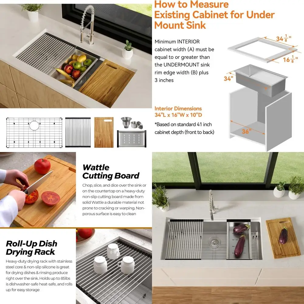 

36 Undermount Stainless Steel Kitchen Sink with Deep Single Bowl and Integrated Ledge by TECASA