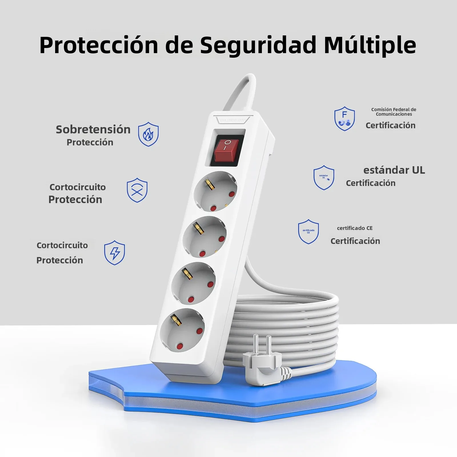 Imagen 4: Protector de Sobretensión de 4 Tomas de Corriente para la UE, Cable de Extensión de 1.5m/2m, Adaptador de Enchufe de CA, Adaptador de 4 Tomas con Protección Contra Sobrecarga