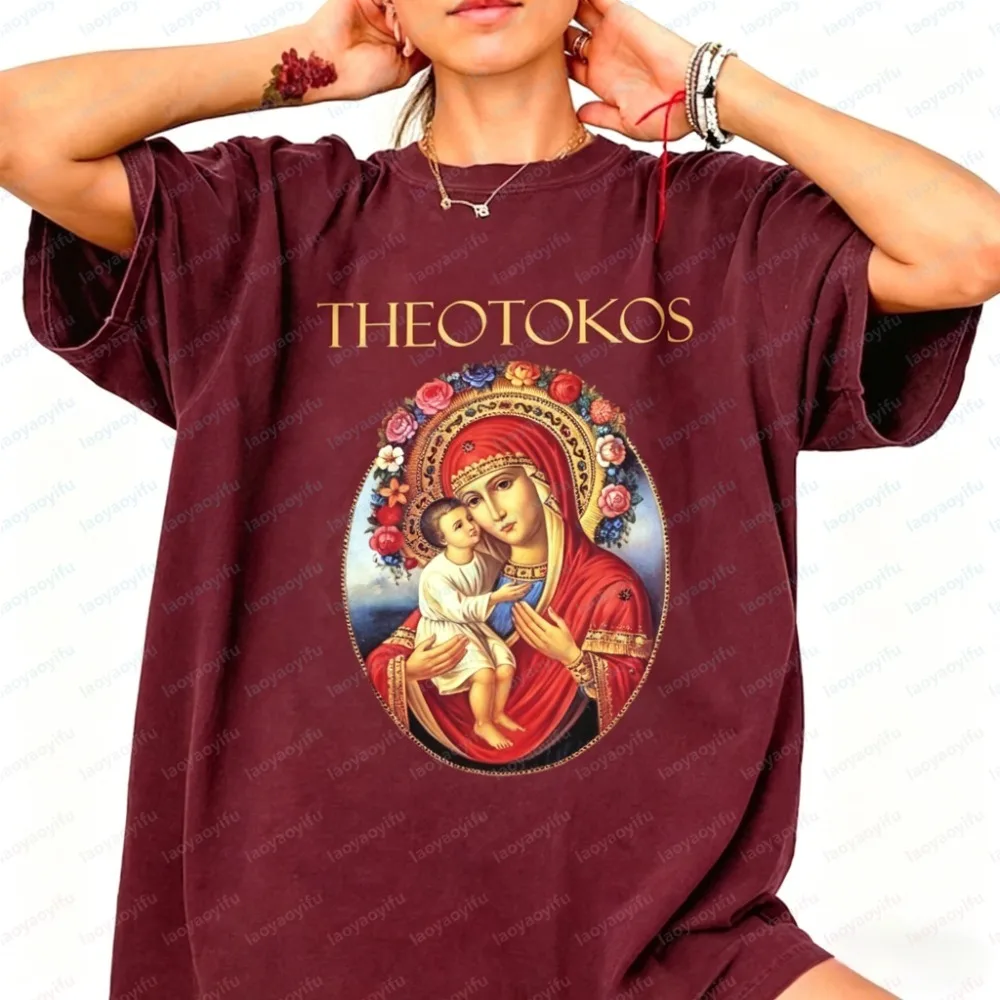 T-shirt Femme Theotokos Marie & Jésus – Dévotion Spirituelle – Coton Confortable – Streetwear Religieux – Cadeau pour Godmother