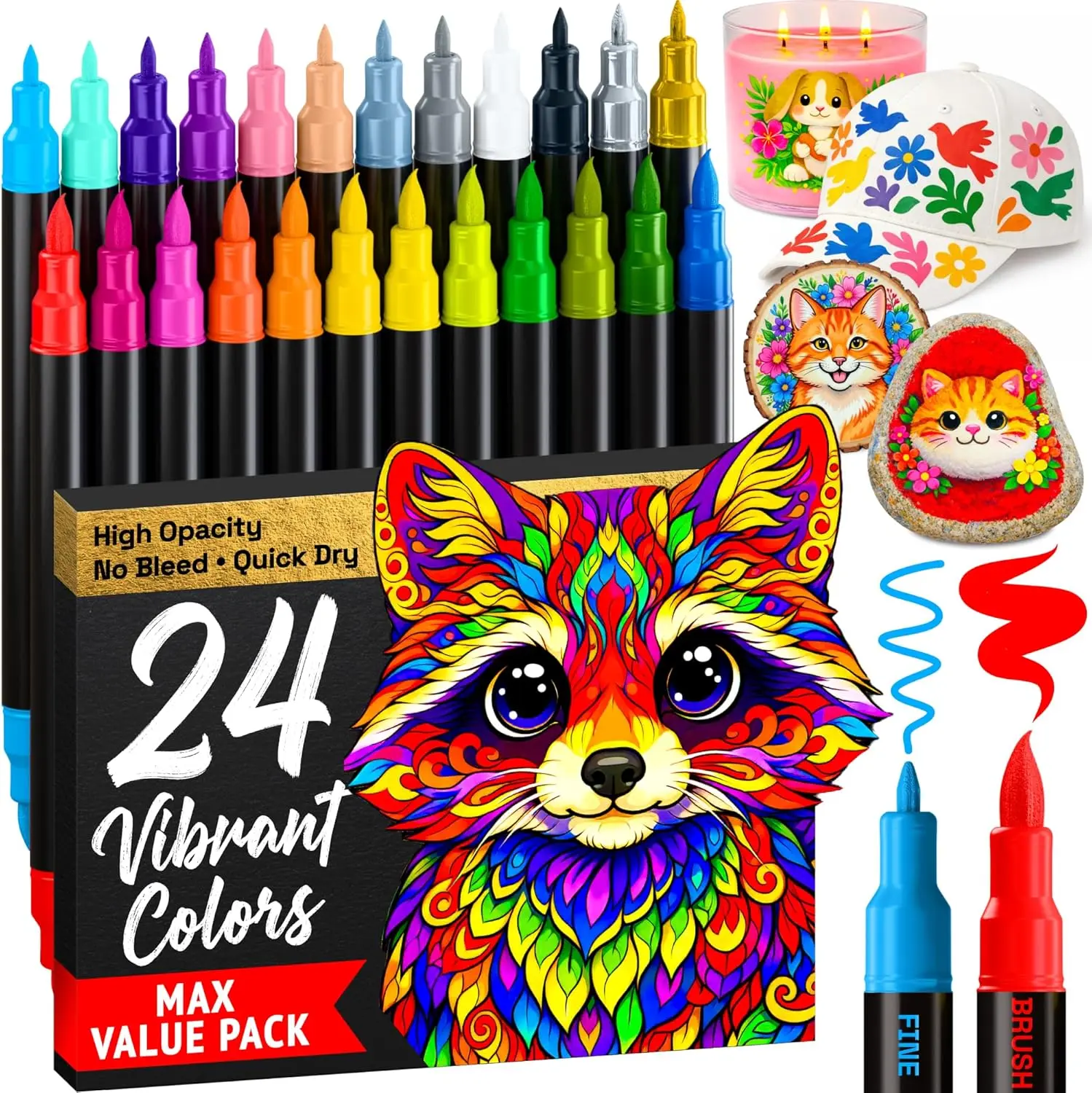 

24 Acrylic Paint Markers - Dual Tip Brush & Fine Pens for Fabric, Rock, Glass, Wood, DIY Art Supplies