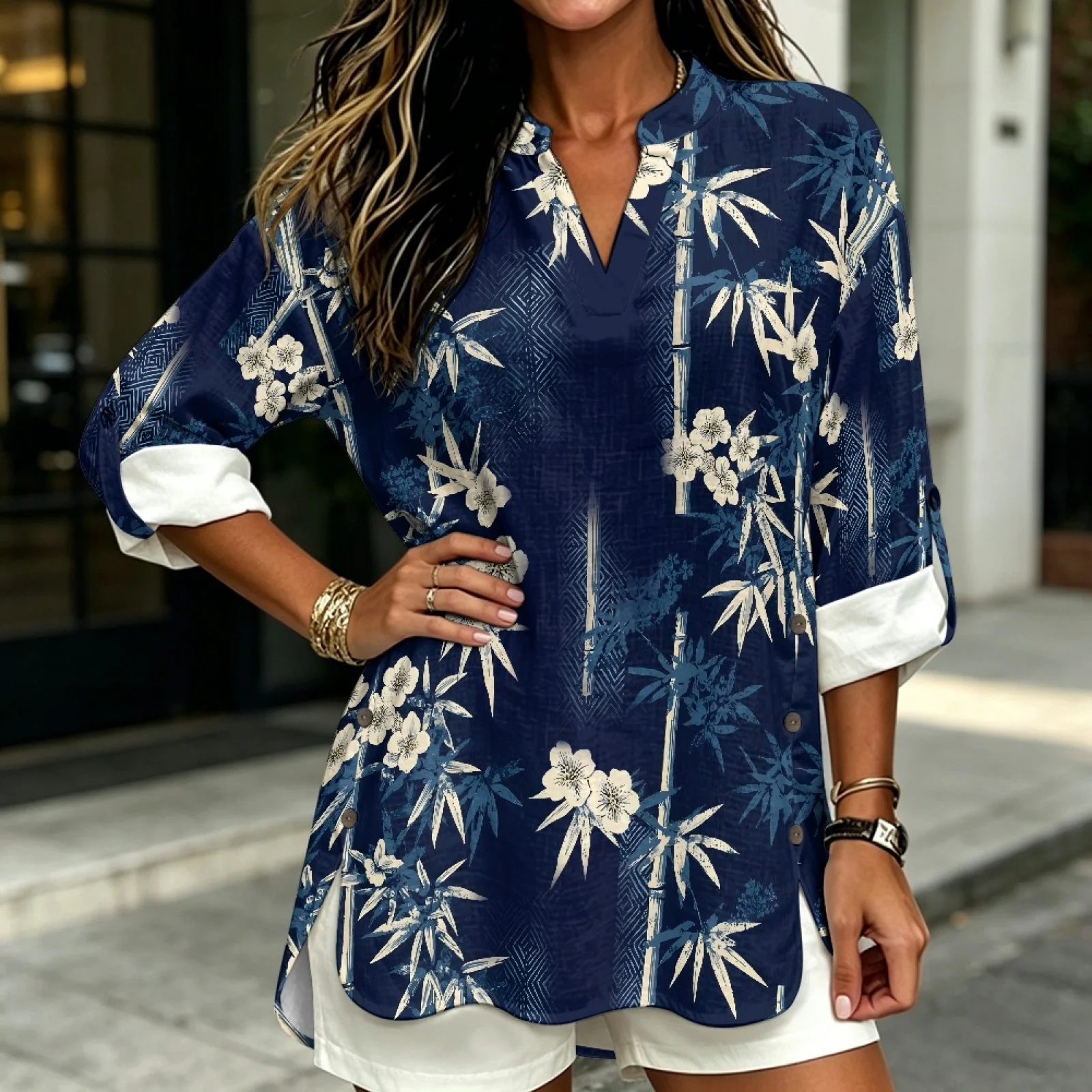 PENSTROLL Roll up Linen Style Notch V Neck Blouses Soft Tunic Shirts for Summer Coastal Trips Floral Print